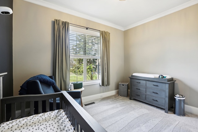 carpeted bedroom featuring ornamental molding