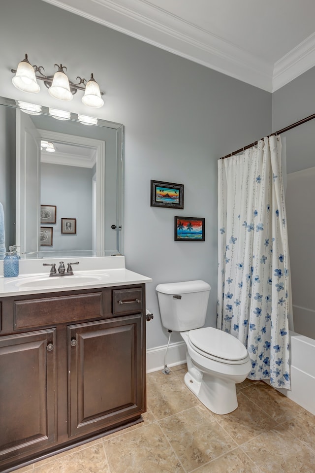 full bathroom featuring vanity, toilet, crown molding, and shower / tub combo with curtain