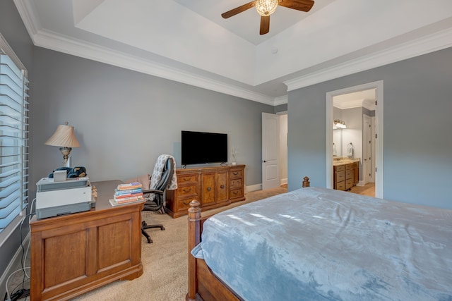 bedroom featuring light colored carpet, ceiling fan, crown molding, and ensuite bathroom