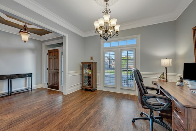 home office featuring crown molding, a chandelier, and dark hardwood / wood-style floors