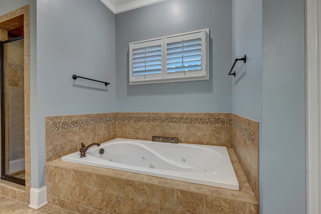 bathroom with tile patterned floors, separate shower and tub, and ornamental molding