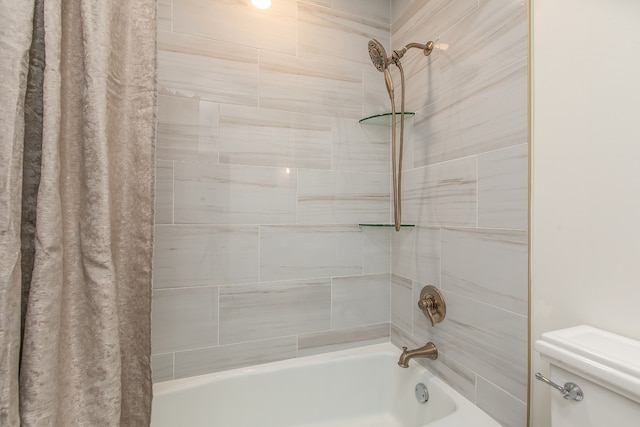 bathroom with toilet and shower / tub combo with curtain