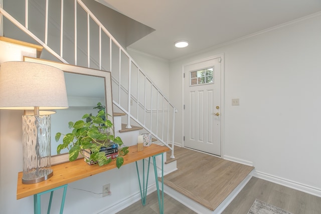 entrance foyer featuring crown molding and hardwood / wood-style floors