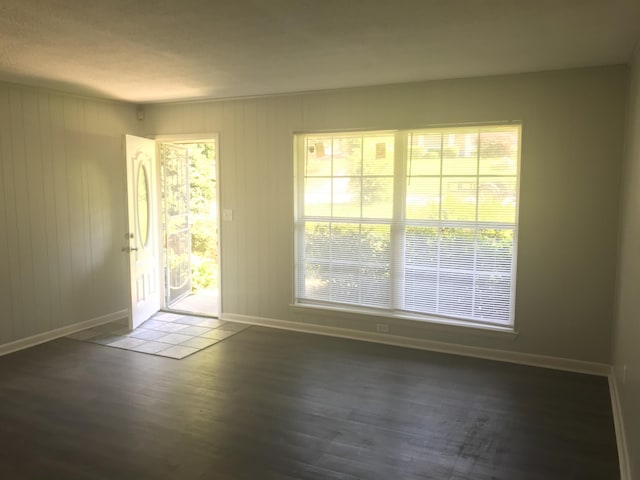 interior space with dark hardwood / wood-style flooring, a healthy amount of sunlight, and wood walls