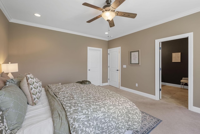 bedroom featuring ceiling fan, light colored carpet, and ornamental molding