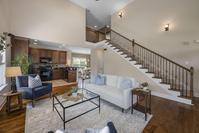 living room featuring a towering ceiling and hardwood / wood-style flooring