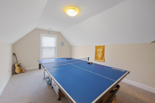 game room featuring lofted ceiling and carpet floors