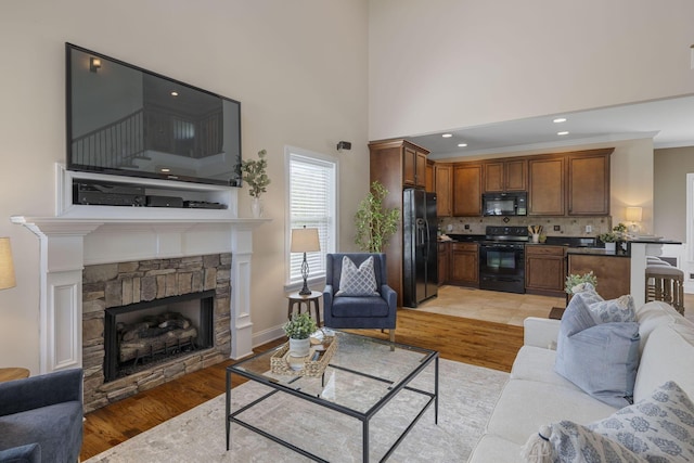 living room featuring light hardwood / wood-style floors, crown molding, and a fireplace