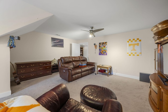 living room with light carpet and ceiling fan