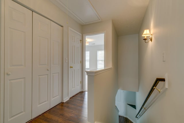 3425 Harpeth Springs Dr, Nashville, TN 37221 - hallway featuring attic access, an upstairs landing, dark wood finished floors, and baseboards