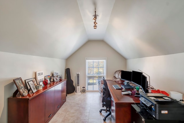 home office with vaulted ceiling