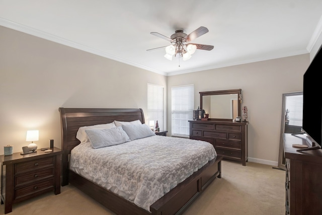 bedroom with light carpet, ceiling fan, and ornamental molding