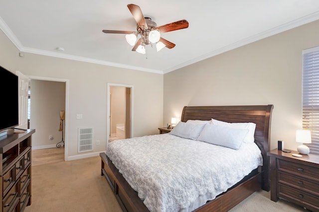 carpeted bedroom with ceiling fan, ornamental molding, connected bathroom, and multiple windows