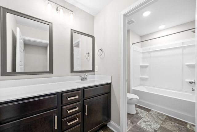 full bathroom with vanity, toilet, and shower / bathtub combination