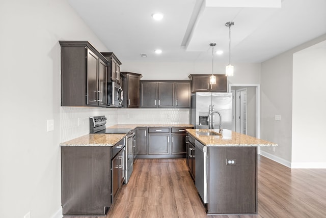 kitchen featuring sink, backsplash, decorative light fixtures, a kitchen island with sink, and appliances with stainless steel finishes