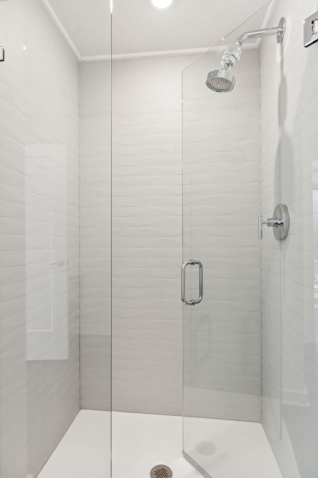 bathroom with a shower with shower door