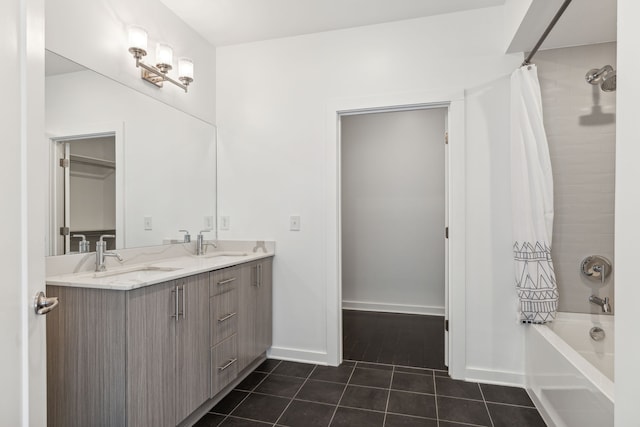 bathroom featuring vanity, tile patterned floors, and shower / tub combo with curtain