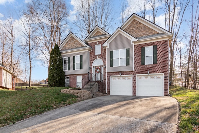 split foyer home featuring a front yard and a garage