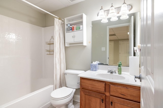 full bathroom featuring vanity, toilet, and shower / bathtub combination with curtain