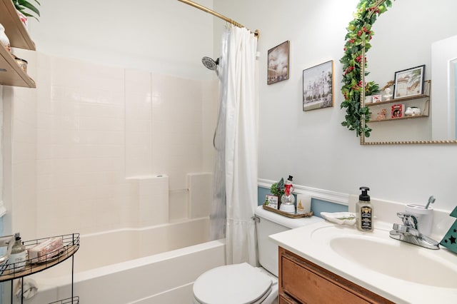 full bathroom with vanity, toilet, and shower / bath combo with shower curtain