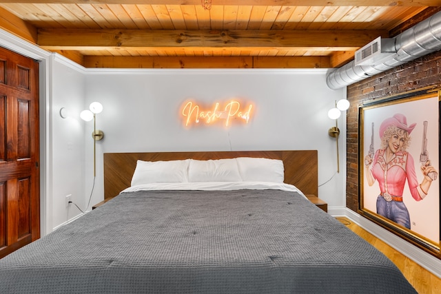 bedroom with hardwood / wood-style flooring, beam ceiling, and wood ceiling