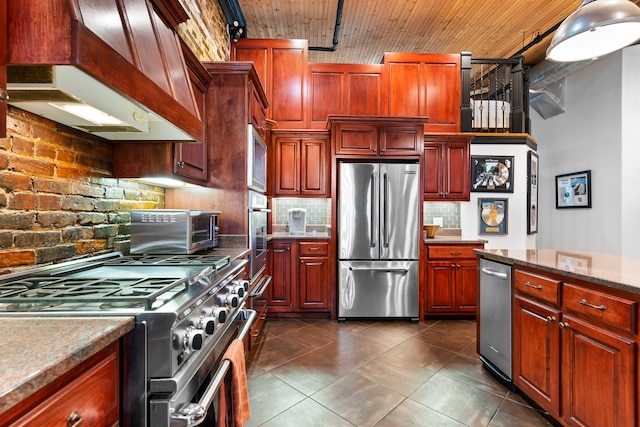 kitchen with decorative backsplash, wooden ceiling, custom range hood, and appliances with stainless steel finishes