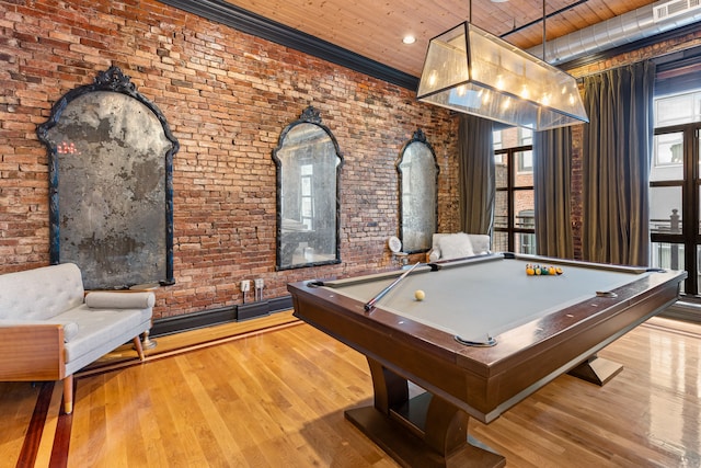 playroom featuring light hardwood / wood-style floors, plenty of natural light, wooden ceiling, and pool table