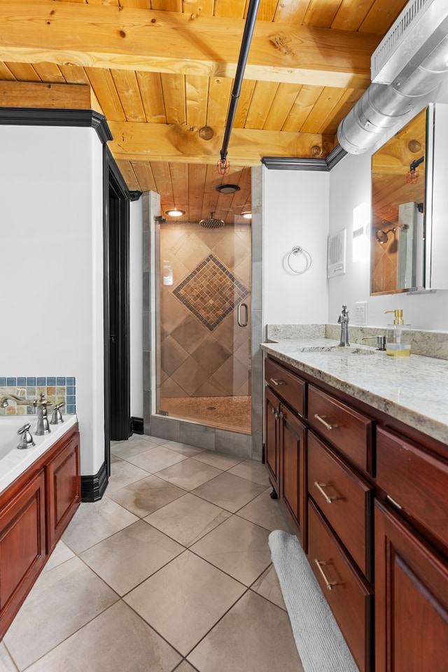 bathroom featuring tile patterned floors, vanity, wood ceiling, and independent shower and bath