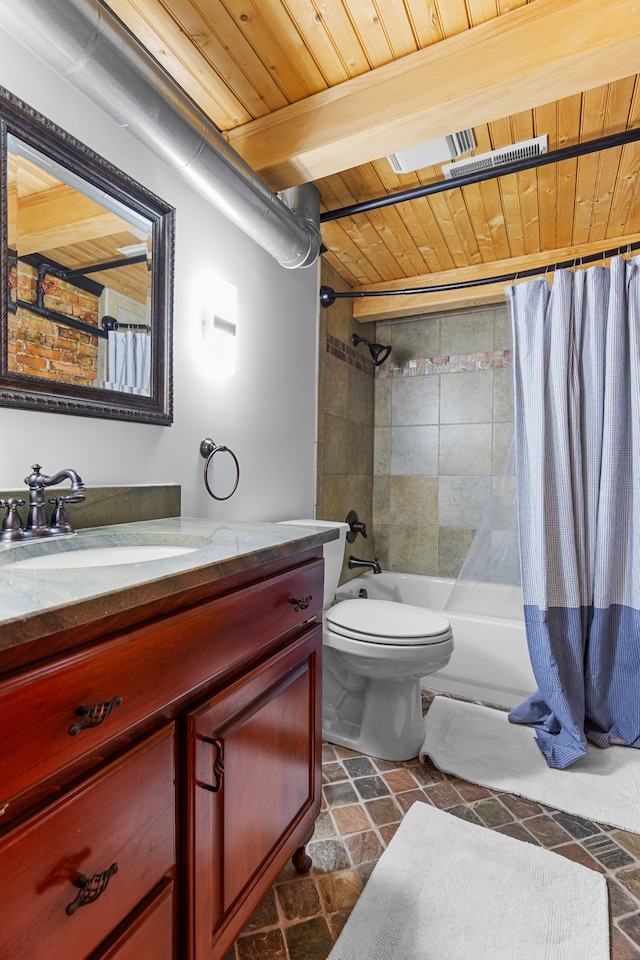 full bathroom with shower / bath combo with shower curtain, vanity, wood ceiling, and toilet