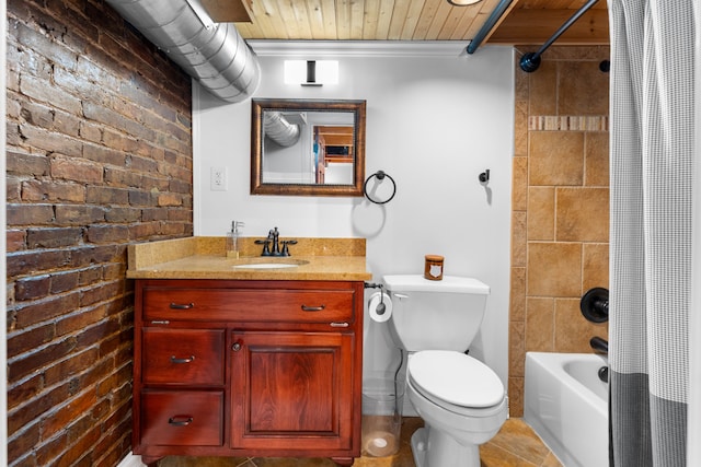 full bathroom featuring vanity, tile patterned floors, shower / bath combo with shower curtain, and brick wall