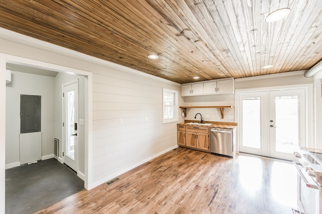 kitchen featuring french doors, wooden ceiling, stainless steel dishwasher, electric panel, and light hardwood / wood-style floors