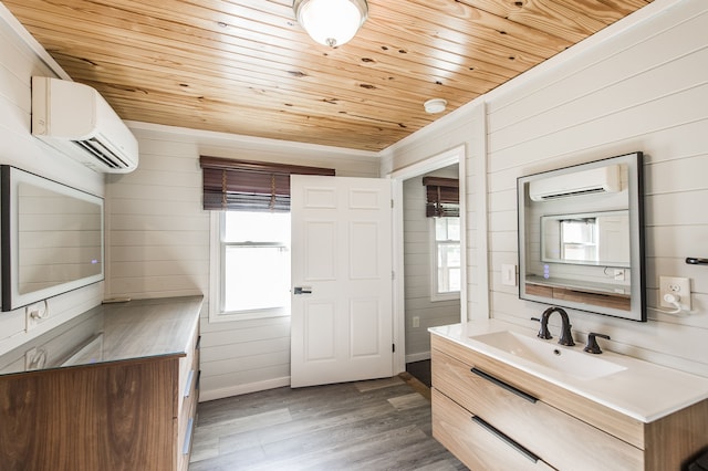 bathroom featuring a wall mounted AC, wood walls, hardwood / wood-style floors, and wood ceiling