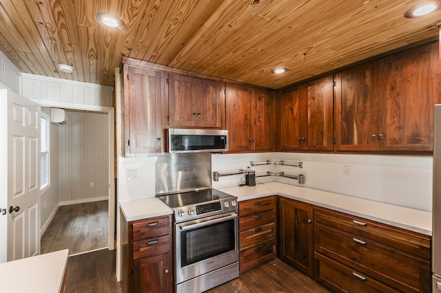 kitchen featuring dark hardwood / wood-style flooring, wood ceiling, stainless steel appliances, and a wall mounted AC