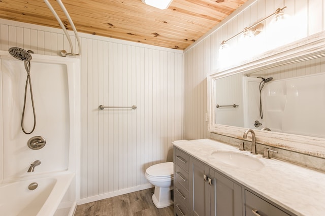 full bathroom featuring shower / bathtub combination, vanity, wood-type flooring, wooden ceiling, and toilet