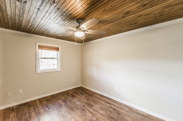 empty room featuring ceiling fan, wood ceiling, dark hardwood / wood-style floors, and ornamental molding