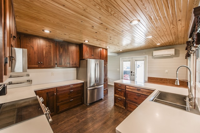 kitchen with stainless steel fridge, dark hardwood / wood-style flooring, french doors, wood ceiling, and sink