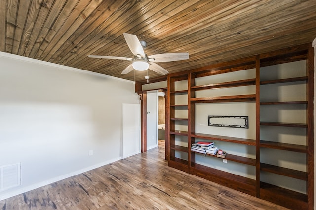 unfurnished bedroom featuring wood-type flooring, ornamental molding, ceiling fan, and wooden ceiling