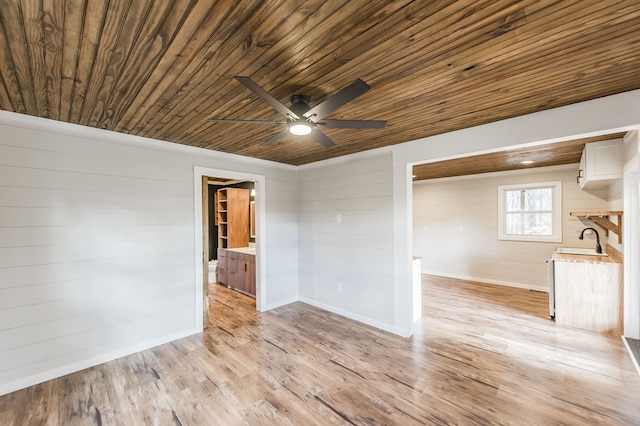 spare room featuring wood walls, wooden ceiling, sink, light hardwood / wood-style flooring, and ceiling fan