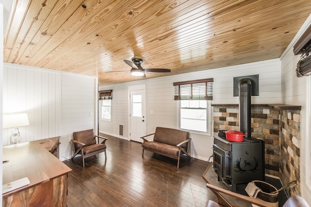 sitting room featuring a wood stove, wood walls, dark hardwood / wood-style flooring, and wooden ceiling