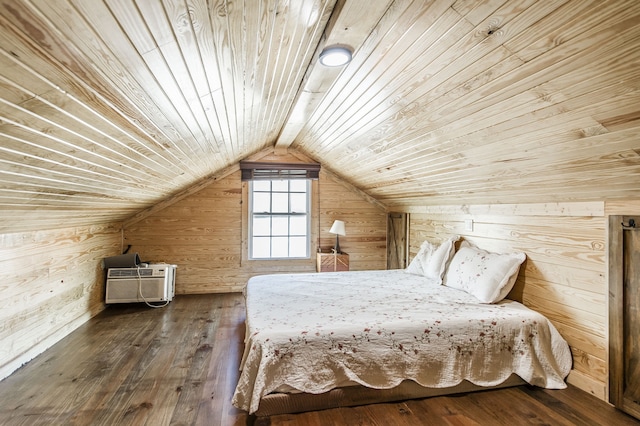 unfurnished bedroom featuring wood ceiling, wooden walls, wood-type flooring, and lofted ceiling