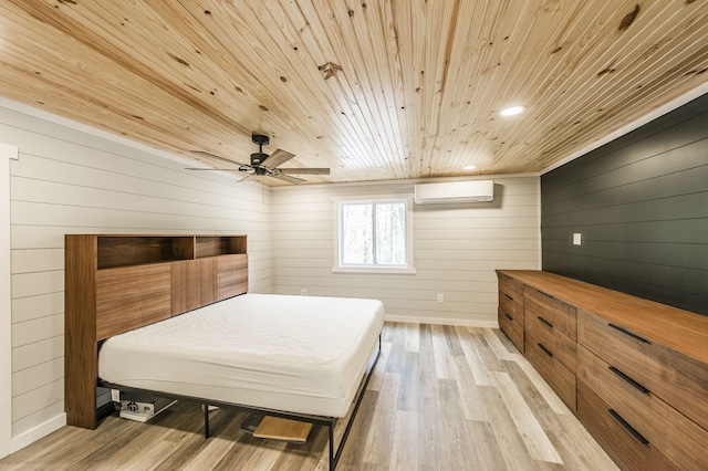 bedroom featuring wooden ceiling, wooden walls, ceiling fan, light wood-type flooring, and a wall mounted AC