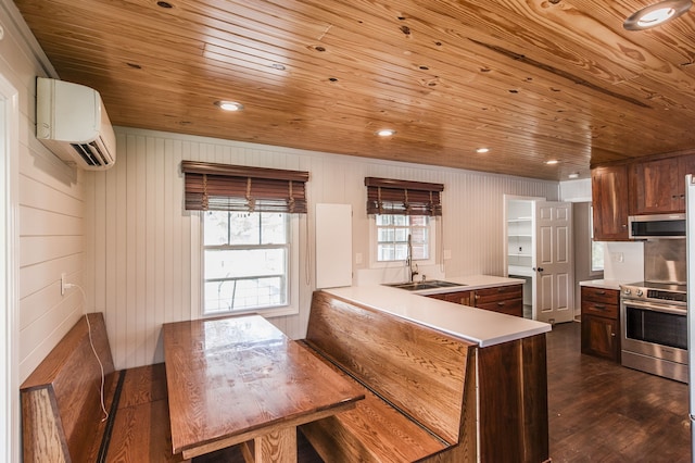 kitchen featuring wooden ceiling, dark wood-type flooring, an AC wall unit, sink, and appliances with stainless steel finishes