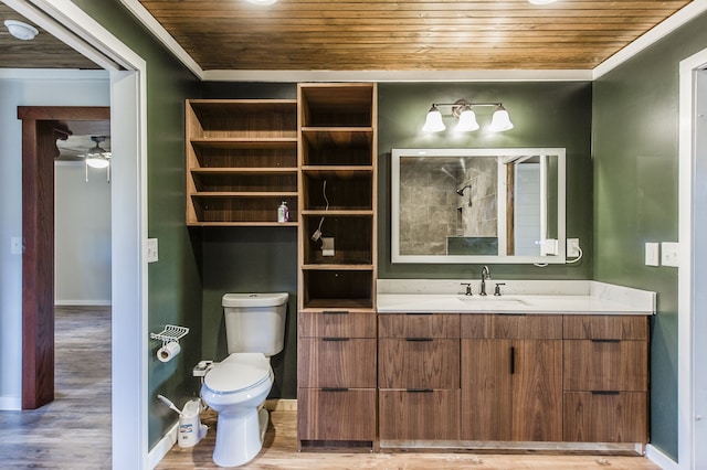 bathroom with ceiling fan, wood-type flooring, toilet, vanity, and wood ceiling