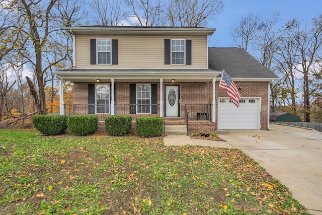 front facade with a garage and a front lawn