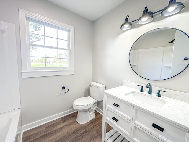 bathroom with hardwood / wood-style floors, vanity, and toilet