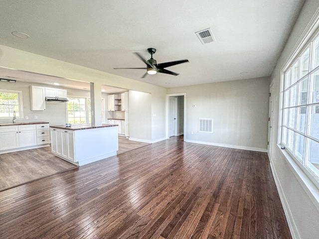 unfurnished living room featuring ceiling fan, sink, and dark wood-type flooring