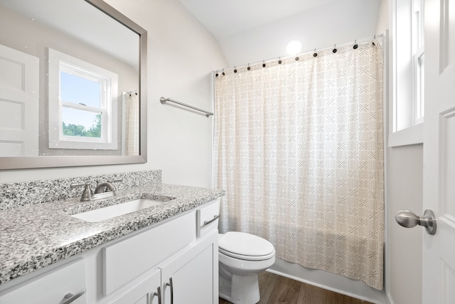 full bathroom featuring wood-type flooring, vanity, toilet, and shower / bath combo with shower curtain