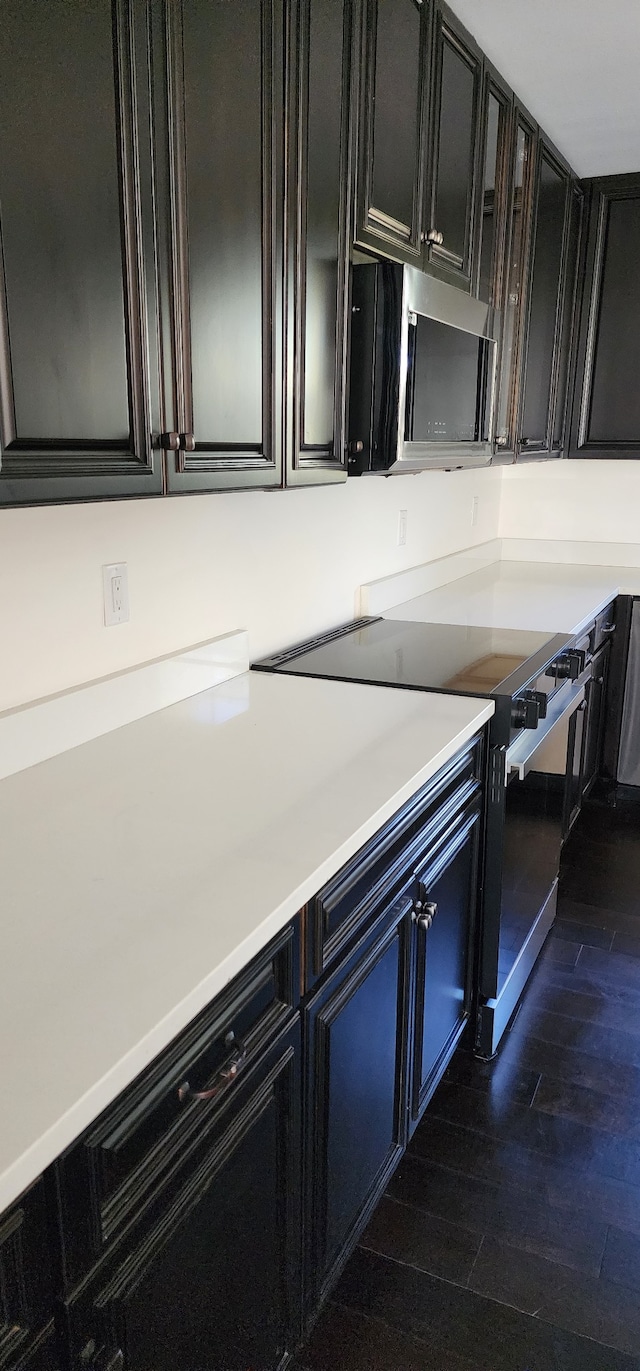 kitchen featuring high end stove and dark hardwood / wood-style floors