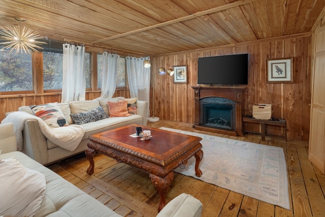 living room with hardwood / wood-style floors, wood walls, and wooden ceiling