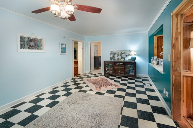 bedroom featuring ensuite bath, ceiling fan, and ornamental molding